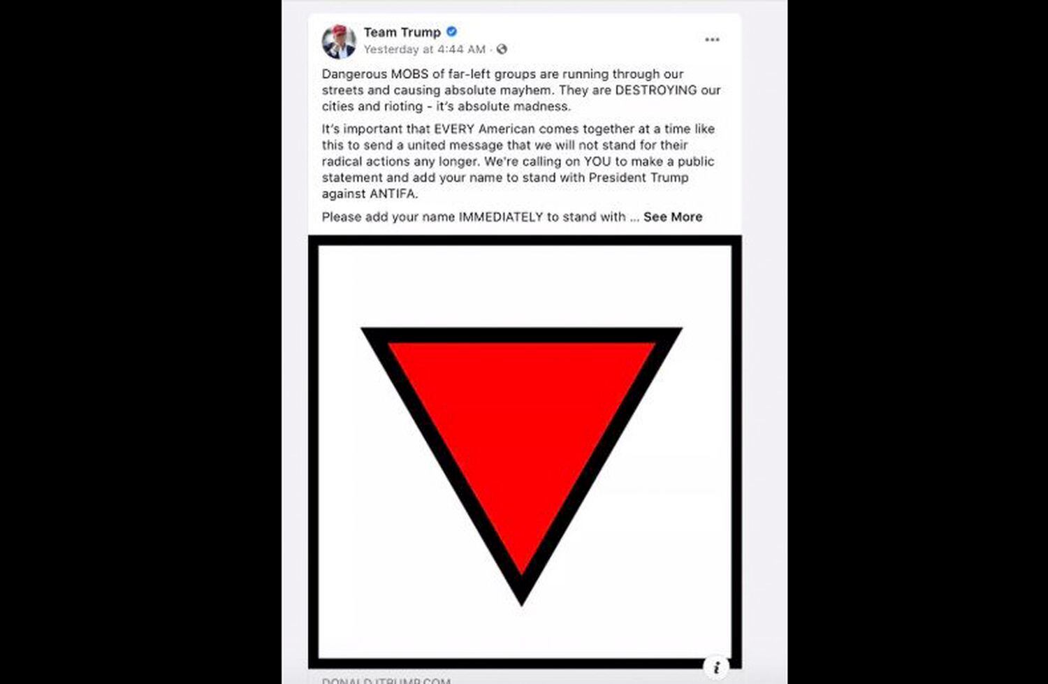 Captura do anúncio da campanha de Trump com o triângulo vermelho invertido, nesta quinta-feira.