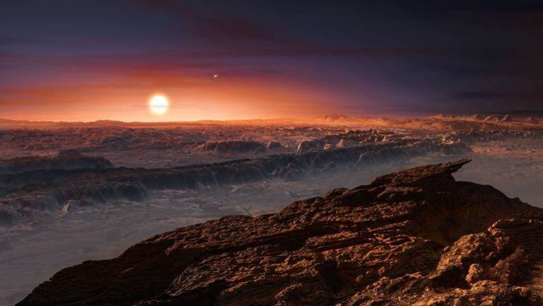 Recriação da superfície do planeta Próxima b e sua estrela Proxima Centauri.