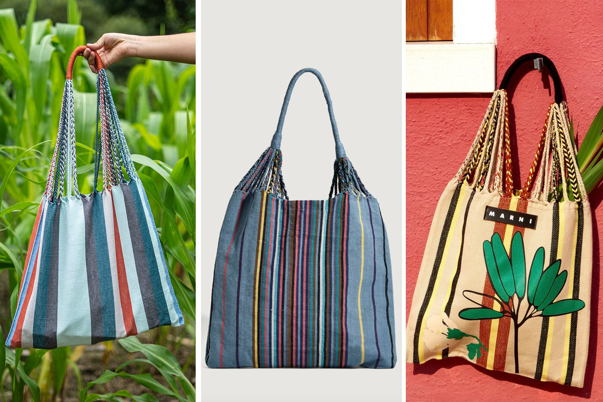 A partir da esquerda: bolsa hamaca original elaborada pela artesã Francisca Pérez, a vendida no site da loja Oysho e, por último, a bolsa vendida pela empresa Marni. EL PAÍS