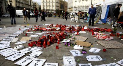 Acampada contra a violência machista na Porta do Sol de Madri.