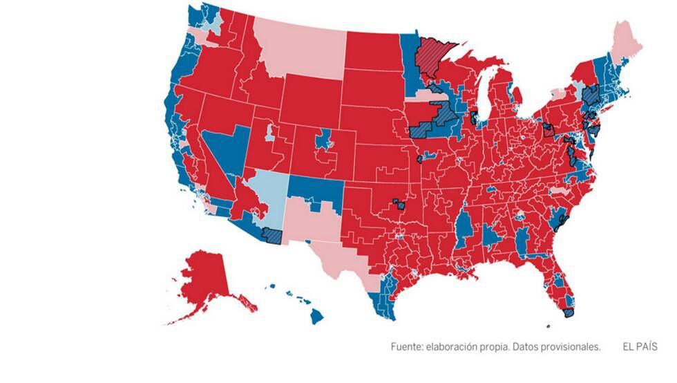 Mapa de votação para a Câmara, por distrito. Em azul, o desempenho dos democratas (claro é onde eles lideram, escuro onde ganharam e em listrado os votos que eles reverteram). Em vermelho, o dos republicanos (legenda idem)