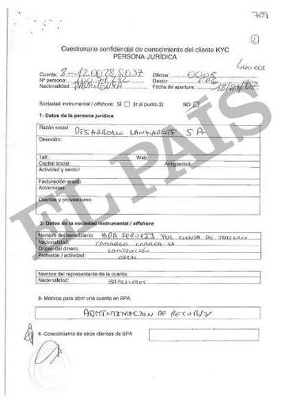 Documento confidencial da Banca Privada d'Andorra (BPA) sobre a empresa vinculada à Camargo Corrêa Desarrollo Lanzarote SA.