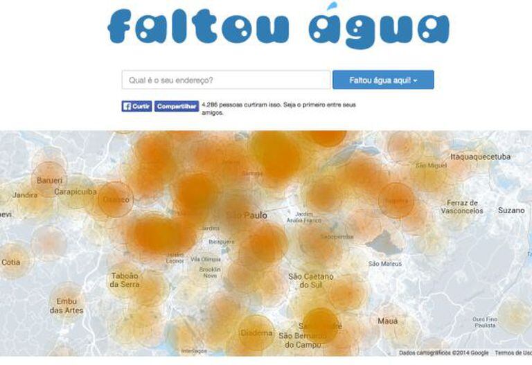 Capa do site que aponta os focos de falta de água em São Paulo.
