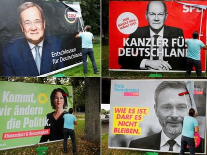 Cartazes dos quatro principais candidatos nas eleições alemãs de 26 de setembro: Armin Laschet (CDU), Olaf Scholz (SPD), Annalena Baerbock (Os Verdes) e Christian Lindner (FDP).