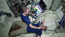 O astronauta da NASA Tom Marshburn faz uma exploração do pescoço do canadense Chris Hadfield na ISS.