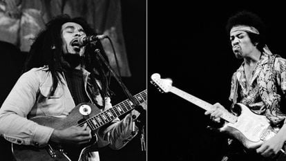 Do lado esquerdo, Bob Marley com uma Gibson Les Paul no Roskilde Festival 1978, na Dinamarca. Do lado direito, Jimi Hendrix, com uma Fender Stratocaster em Copenhague em 1970.