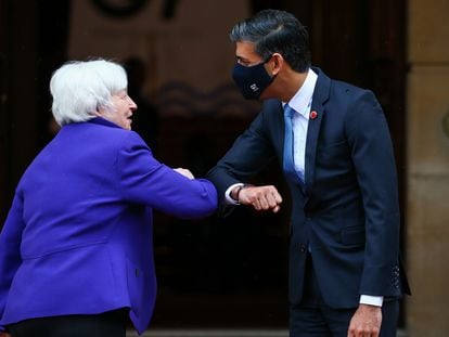 A Secretária do Tesouro dos Estados Unidos, Janet Yellen, e o ministro das Finanças do Reino Unido, Rishi Sunak, na cúpula do G7 em Londres no fim de semana.