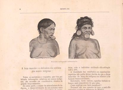 Uma ilustração retrata dois indígenas expostos no Rio de Janeiro, em 1882, no catálogo da exposição do Museu Nacional.