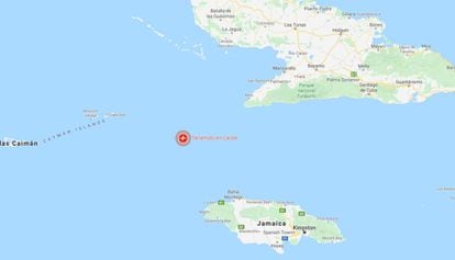 Mapa das Caraíbas com o ponto onde se produziu o terremoto.