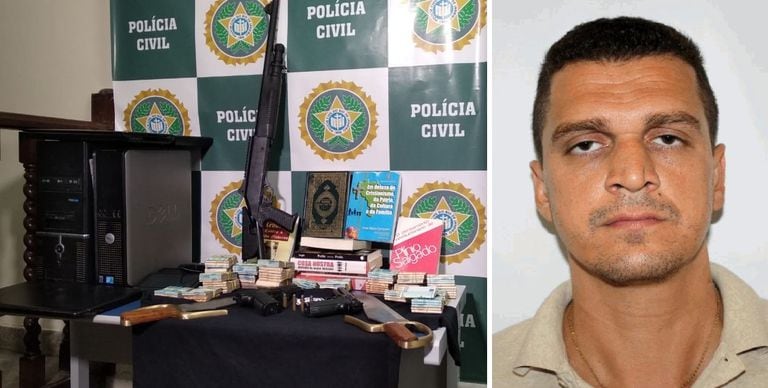 Polícia apreendeu um simulacro de arma, camiseta da Accale, dinheiro e livros na casa de Fauzi (à dir.), que está foragido