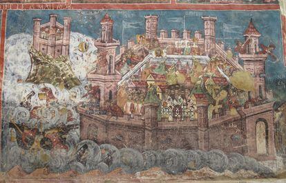 Mural mostrando o cerco de Constantinopla, em 626, pelos persas e ávaros.