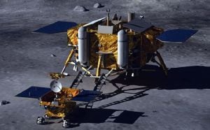 Ilustração da missão Chang E3 na Luna, com um módulo de descenso e um veículo rodante.