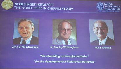A tela da Academia Sueca amostra aos ganhadores do Nobel de Química.