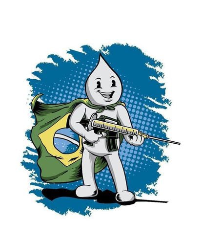 O mascote da vacinação no Brasil, Zé Gotinha, com uma injeção com o formato de um fuzil.