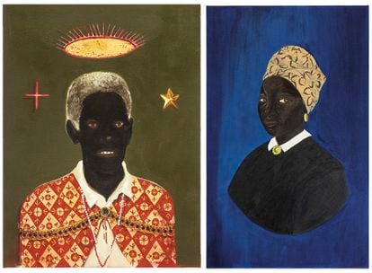 À esquerda um retrato de Chico Rei, do artista Antonio Oba, e à direita um retrato de Dona Afra da artista Monica Ventura.