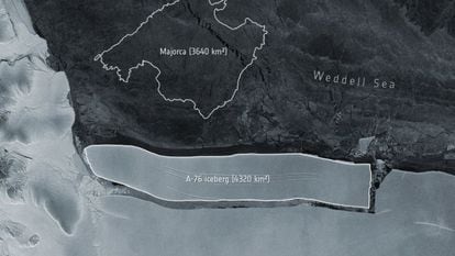 Imagem distribuída pela Agência Espacial Europeia mostra o iceberg A-76 com o desenho da ilha de Mallorca como referência da sua extensão.