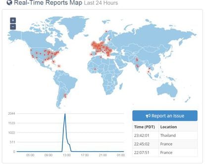 Em vermelho, a localização dos incidentes recolhidos pelo site currentlydown.com, durante a falha do Facebook na segunda-feira.