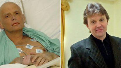 O ex-agente russo Alexander Litvinenko, em 2006, em um hospital de Londres. À direita, com seu livro, em maio de 2002
