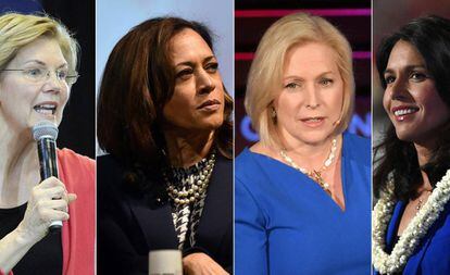 De esquerda à direita, Elizabeth Warren, Kamala Harris, Kirsten Gillibrand e Tulsi Gabbard.