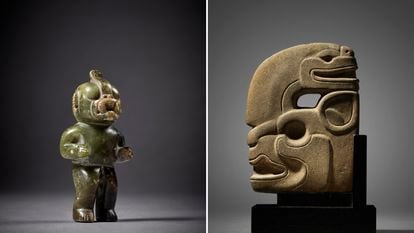 Uma figura olmeca de pedra (esquerda) e uma efígie maia no leilão na casa Sotheby’s.