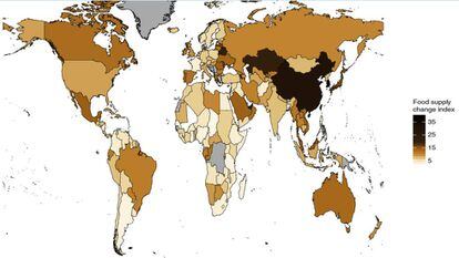 O mapa mostra as mudanças no índice de alimentos. Os países mais escuros, como a China, são os que sofreram maiores modificações em sua dieta.