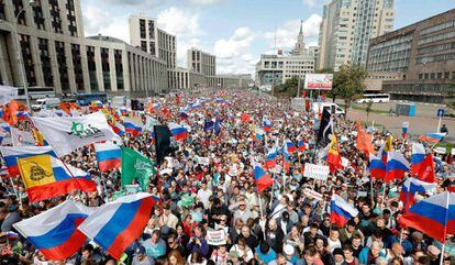 Manifestantes protestam por eleições livres em Moscou, em 20 de julho de 2019.