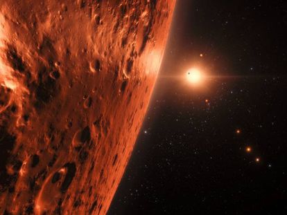 Vista justo acima da superfície de um dos planetas no sistema Trappist-1