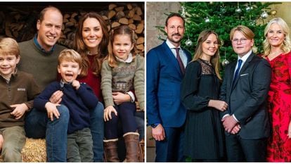 A pose natalina dos duques de Cambridge e, à direita, de Haakon e Mette Marit, da Noruega.