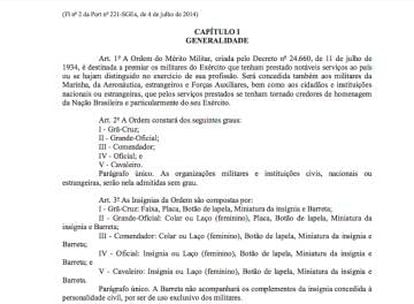 Decreto de março de 2013 com os critérios para a concessão da Ordem do Mérito Militar.