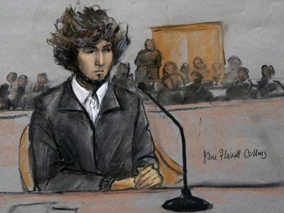 Dzohkhar Tsarnaev visto em um desenho feito durante o julgamento em Boston.