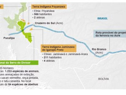 Rota provável do último trecho brasileiro da ferrovia Bioceânica.