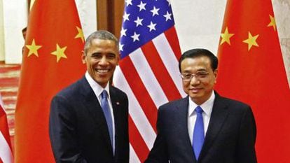 Obama com o primeiro-ministro chinês, Li Keqiang, em Pequim.