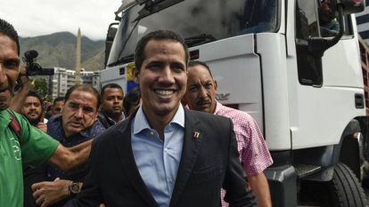 Juan Guaidó em uma manifestação de caminhoneiros nesta quinta-feira.