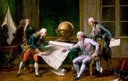 ‘Luís XVI [de rosa] dando instruções a La Pérouse’, de Nicolas-André Monsiau (1785)