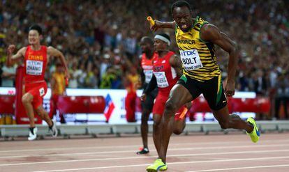 Bolt, durante a prova de 4x100, no Mundial de Pequim.