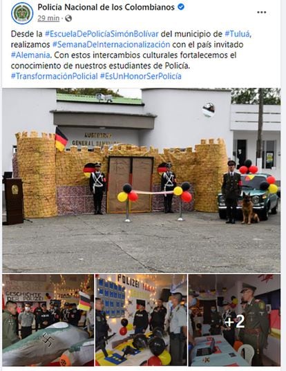 Imagens das redes sociais da Polícia Nacional da Colômbia mostram a atividade na Escola de Polícia Simón Bolívar, em Tuluá, em que usaram uniformes e símbolos nazistas. 