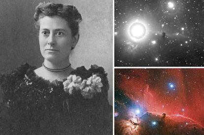 Williamina Fleming, por volta de 1890, junto à chapa, de 1888, na qual, pela primeira vez, identificou a nebulosa Cabeça de Cavalo. Abaixo, uma imagem recente do mesmo campo.