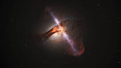 Ilustração de uma galáxia com os jatos de um buraco negro supermassivo