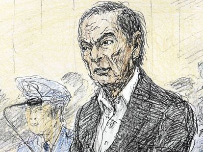 Carlos Ghosn, em ilustração feita durante sua presença no tribunal.