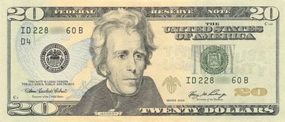 Nota de 20 dólares com a efígie de Andrew Jackson.