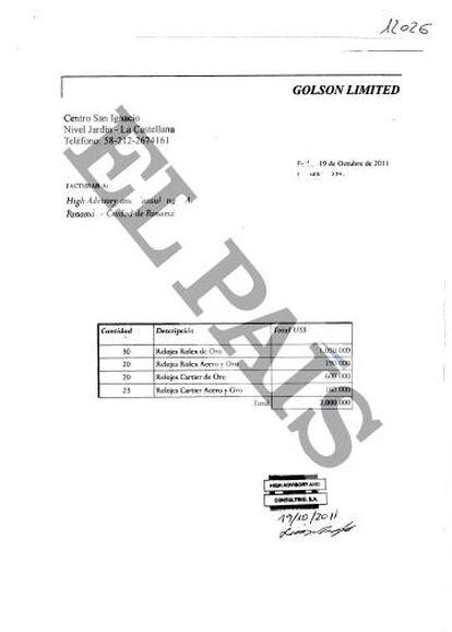 Fatura de dois milhões de dólares da compra de 93 relógios de uma das empresas panamenhas de Diego Salazar.
