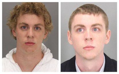 Brock Turner, ao ser preso janeiro de 2015 (à esquerda) e ao ser condenado por estupro em junho de 2016 (à direita).