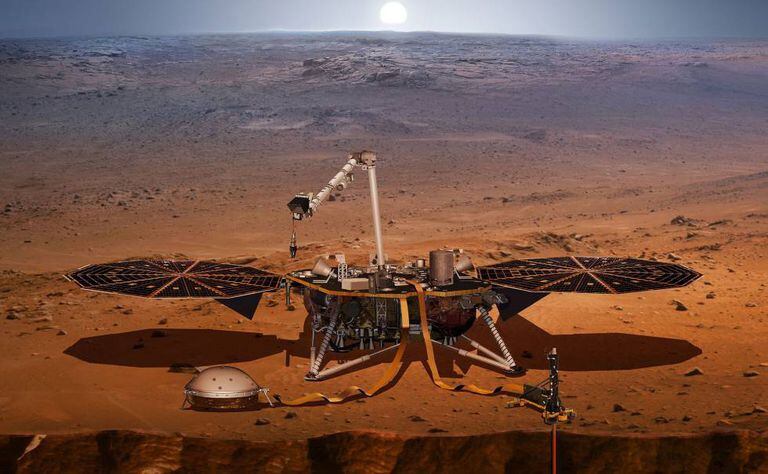 Ilustração da InSight na superfície de Marte.