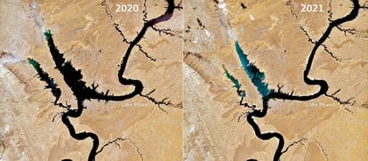 Imagens de satélite dos dias 17 de abril de 2020 e de 2021 que mostram os efeitos da grande seca que sofre a bacia do Rio Colorado no lago Powell, nos Estados Unidos.