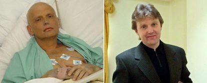O ex-agente russo Alexander Litvinenko, em 2006, em um hospital de Londres. À direita, com seu livro, em maio de 2002
