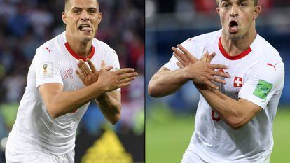 Xhaka (esquerda) e Shaqiri comemoram os gols contra a Sérvia com o gesto da águia, símbolo da bandeira albanesa.