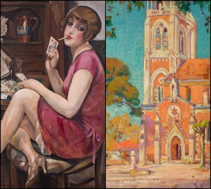 Do lado esquerdo, 'Queen of Hearts' (1928) de Gerda Wegener, uma das obras da pintora em que Lili Elbe serviu de modelo. Do lado direito, Notre Dame d'Arcachon (1918), pintado por Lili Elbe. 
