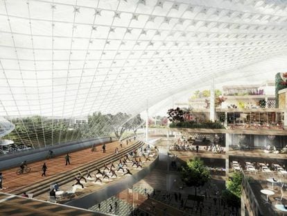 Área de recreação da nova sede que o Google planeja na Califórnia.