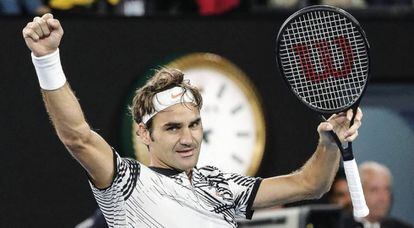 Federer comemora a vitória na semifinal contra Wawrinka.