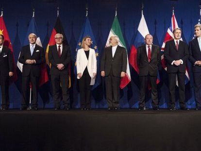 Representantes das seis potências, Irã e UE, ao anunciar o acordo.